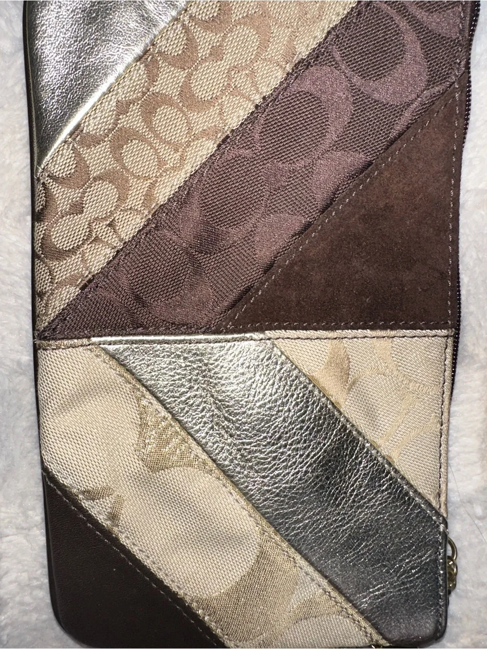 RARE Coach Signature Chevron Patchwork Wristlet Clutch Brown Gold Metallic Star